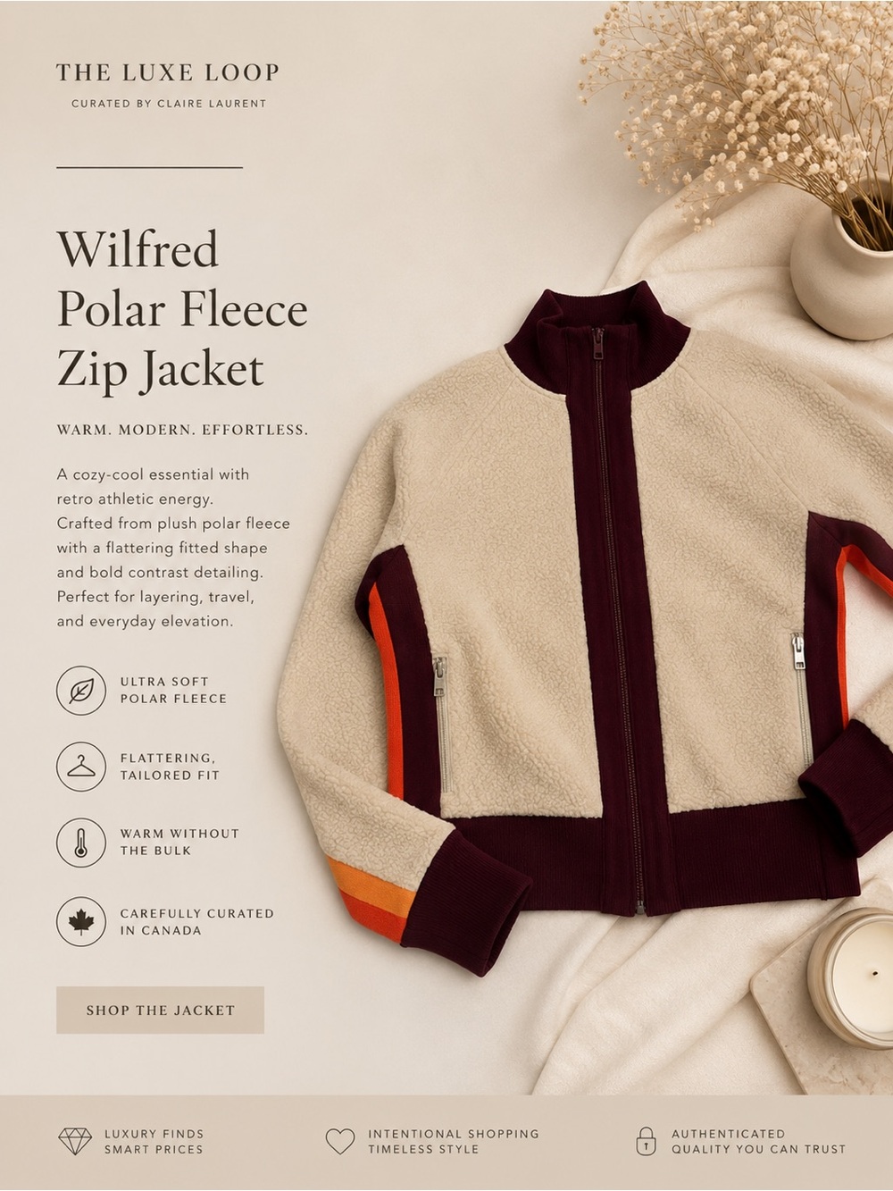 Wilfred Cream Teddy Zip Jacket with Burgundy & Orange Trim